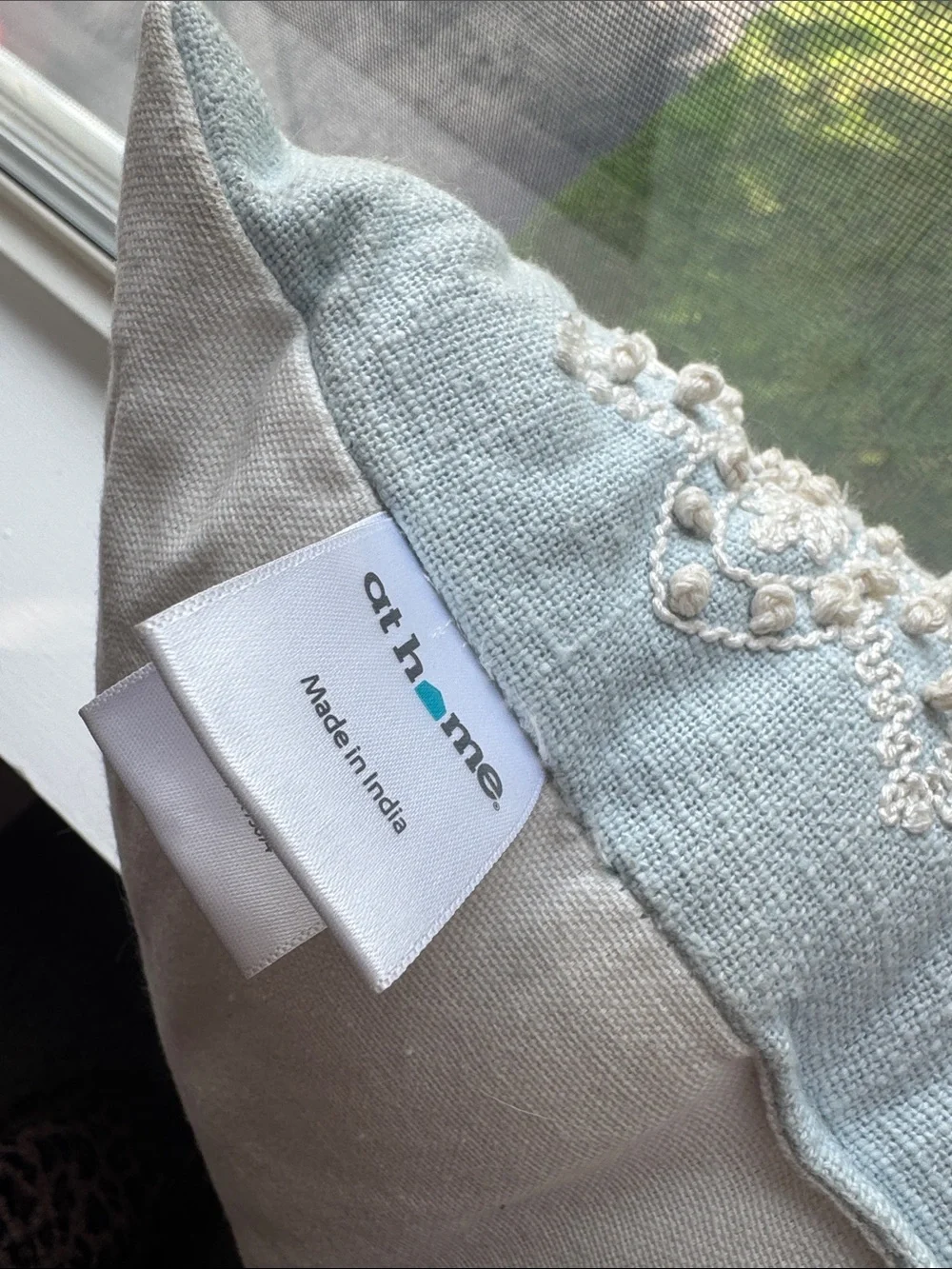 Embroidered Light Blue Accent Pillow with Ivory Appliqué